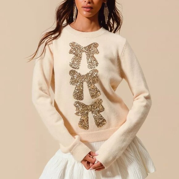 So Me Sweaters - SO ME Sequins Bow Ribbon Embellished‎ Christmas Sweater